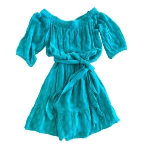 Lilly Pulitzer Off Shoulder Smocked Romper Teal Floral Print Tie Waist Ruffle Sm